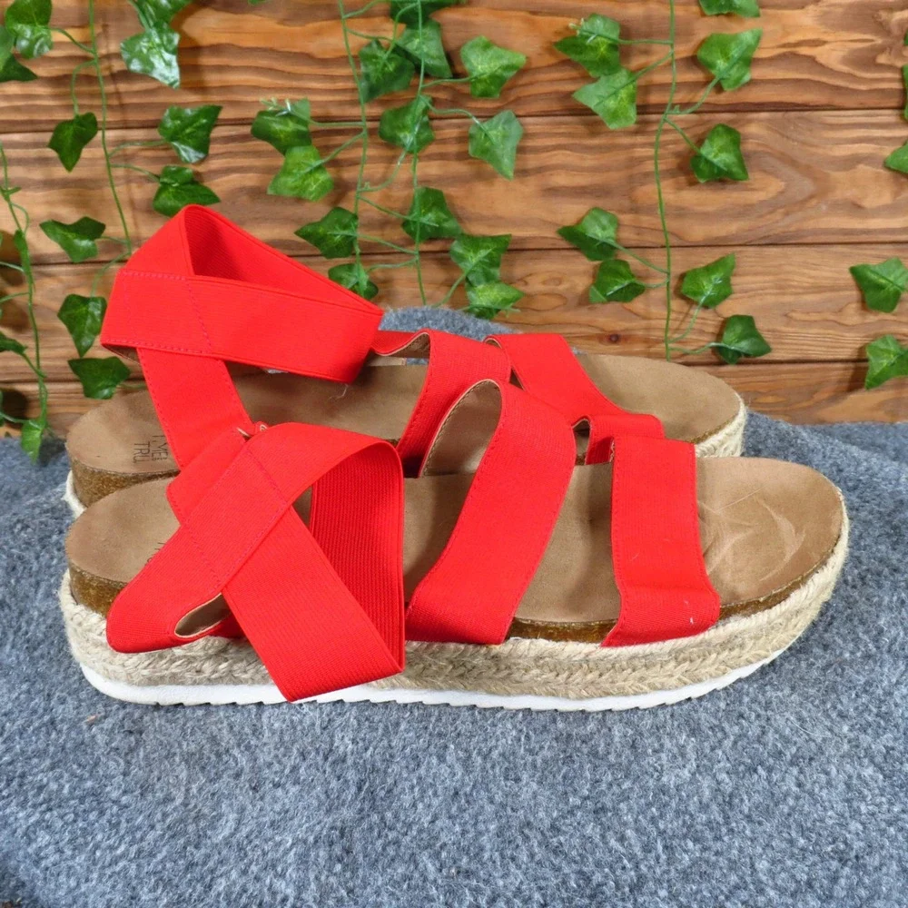 Time and Tru Women Sandal 11 Casual Summer‎ Red Fabric Espadrille Flatform